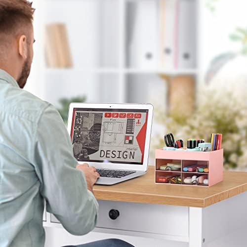 LETURE Office Desktop Organizer with Drawer, Desk Top Accessories Stationary Organizer Desk Caddy, Pen/Pencil/Business Card/Sticky Note Tray/Paperclip Holder Storage Box (Pink) - Image 3