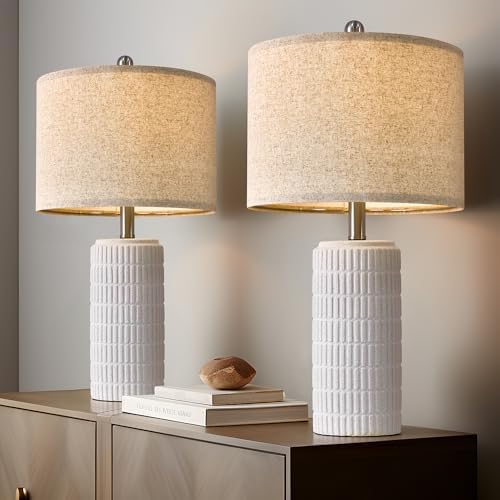 PoKat 23" Table Lamp, Farmhouse Bedside Lamps for Bedroom Set of 2, Ceramic End Table Lamps for Living Room, Traditional Nightstand Desk Lamps, Frosted White Lamps, Medium - Image 4