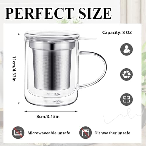 Rtteri 2 Pack Glass Tea Infuser Cup with Lid, 8 oz Insulated Tea Mug - Image 2