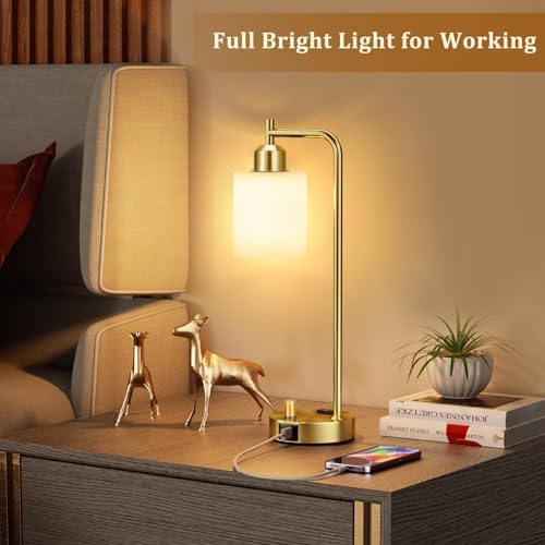 Innqoo Gold Lamp for Bedroom - Industrial Bedside Table Lamp with USB Port and Outlet, Fully Dimmable Nightstand Lamp with Opal Glass Shade, Small Desk Lamps for Home Office - Image 5