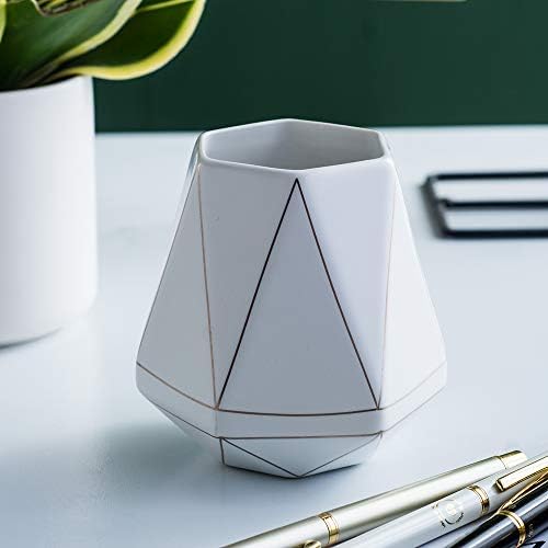 Ceramic Desk Cute Pen Holder Stand Gold Line Pencil Cup Pot Desk Organizer Makeup Brush Holder (White) - Image 6