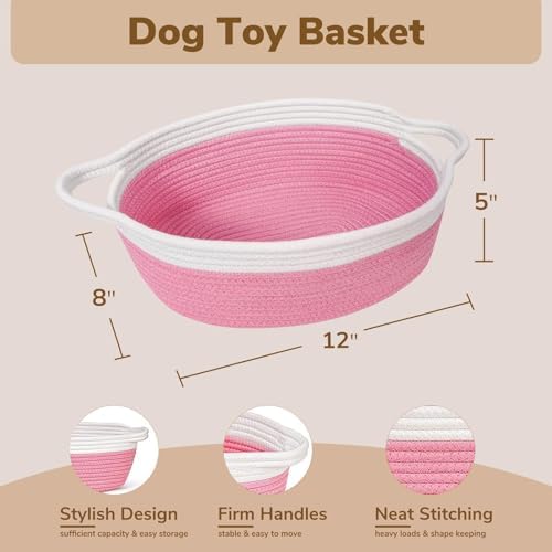 Woven Cotton Rope Storage Basket with Handle, Round Home Storage Basket for Home Organization and Gift Organizer, Home Organizer, Bedroom, Living Room, 12 x 8 x 5 Inch (Pink White) - Image 2