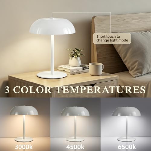 2 Pack Portable LED Mushroom Table Lamp, 12H Cordless Metal Night Light with Rechargeable Battery, Stepless Dimmable 3 Colors Desk Lamp for Bedroom Bar Coffee Shop(White) - Image 2