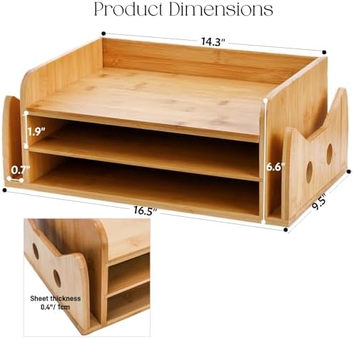 ZOOFOX Cute Cat-Shaped Bamboo Desk Organizer, 3-Tier Paper Letter Tray with 2 Vertical Mail Slots, Wooden Desktop File Holder and Sorter for Office Home - Image 2
