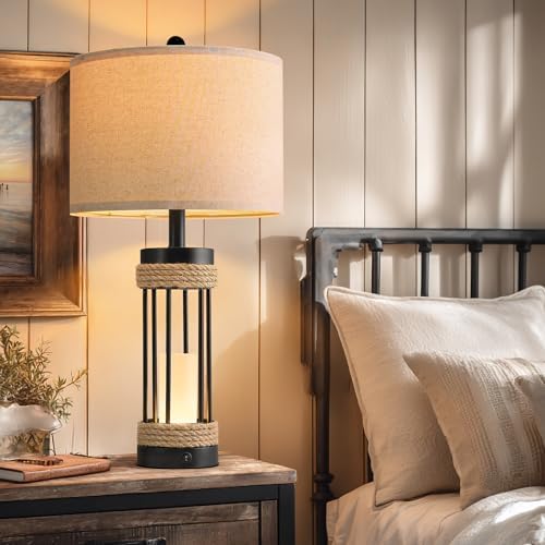 OYEARS 25" Table Lamps Set of 2 with Night Light, Rustic Bedside Lamps with USB C+A Charging Ports, Black Metal Lamp with Rope Accent and Frosted Glass, Farmhouse Lamps for Living Room Bedroom - Image 2
