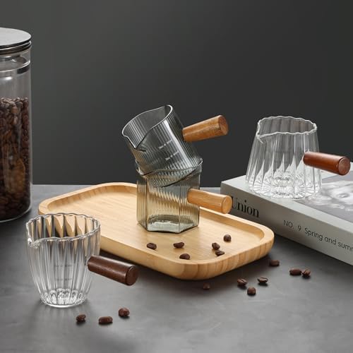 Espresso Cups 3 OZ, Double V-Shaped Spouts Cups, Espresso Shot Glasses with Wood Handle, Ribbed Milk Measuring Cup - Image 6