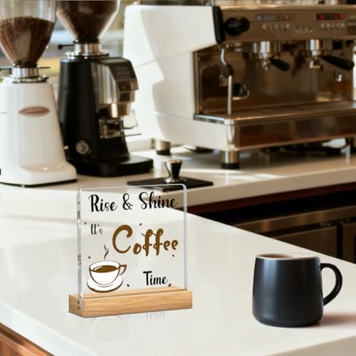 Coffee Bar Decor Sign, Coffees Nook Decoration, Cafe Station Accessories, Rise & Shine It's Coffee Time, Funny Acrylic Gift Wood Plaque with Stand Office Farmhouse Kitchen Decor 4"x4" - Image 5