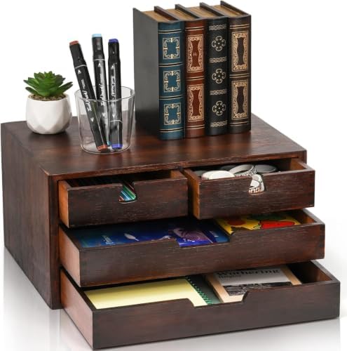 DEAYOU Bamboo Desk Organizer, 100% Natural Bamboo Desktop Drawer Organizer, Dark Brown Tabletop Storage Cabinet Organization Box with 4 Drawer for Makeup, Letter, Home, 3 Layer, Fully Assemble by DEAYOU