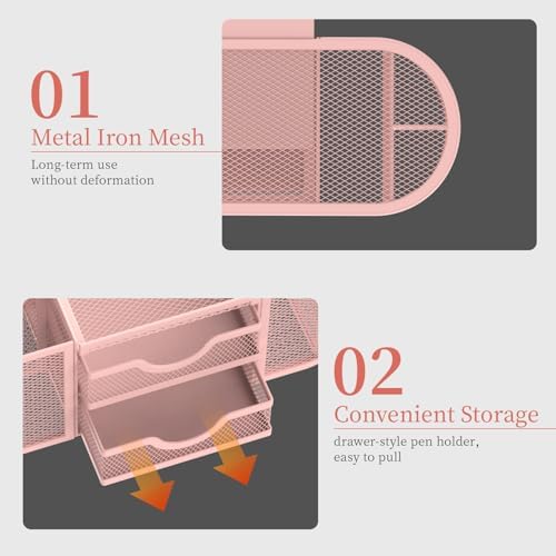 SUPEASY Mesh Desk Organizer, Pen Holder for Desk with 2 Drawers, Pink - Image 5