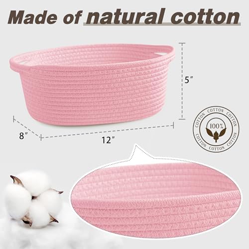 Pro Goleem Small Woven Basket with Gift Bags and Ribbons Durable Baskets for Gifts Empty Small Rope Basket for Storage 12"X 8" X 5" Baby Toy Basket with Handles, Pink - Image 4