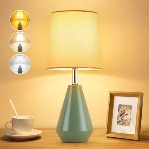 Small Bedside Table Lamp for Bedroom - Reading Desk Lamp with 3 Color Temperatures，15.5" Nightstand Ceramic Lamp with Fabric Shade for Kids Room,Living Room,Dorm,Home Office (Green) by Illuminatingyoumeandhim