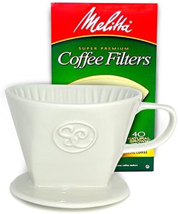 Simply Charmed Ceramic Pour Over Coffee Maker with 40 Count Melitta Filters - Elegant Single Serve Coffee Dripper for Rich Brewed Pour Over Coffee - Base Measures 4", Height 3" - Brews 8-16 oz by SimplyCharmed