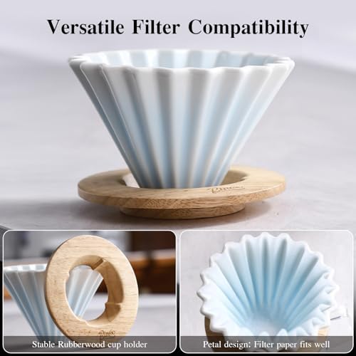 Bincoo Ceramic Coffee Dripper,Pour Over Coffee Dripper with Wood Stand, Flower-shape for 1-2 Cups Slow Brewing Maker for Home Cafe (Blue) - Image 4