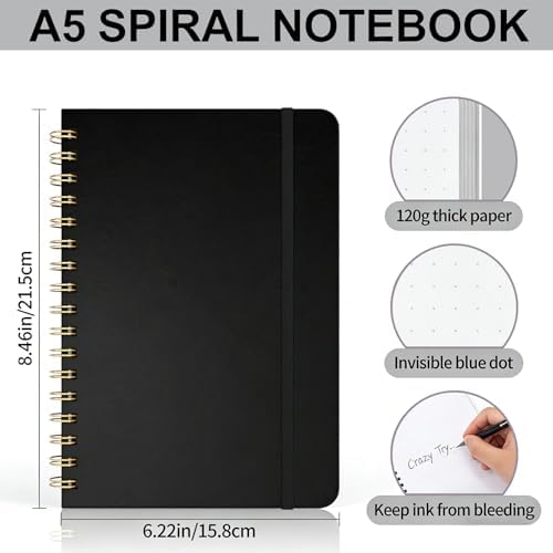 Dot Grid Journal Starter Kit, A5 Spiral Notebook with Stencil Ruler, Date & Color Stickers, Hardcover, 120gsm Thick Paper, Subtle Blue Dotted Pages for Planning, Study & Work - Black - Image 2