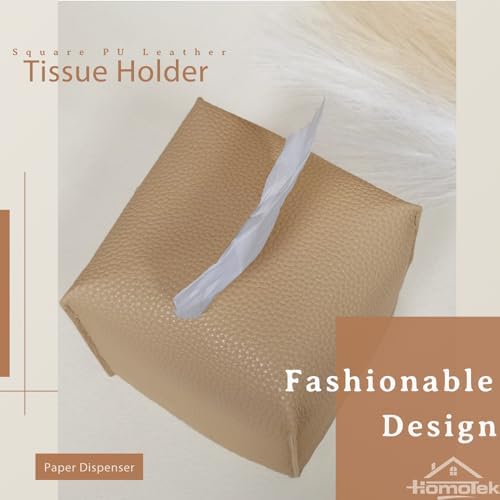 HOMOTEK 2 Pack Tissue Box Cover, Square PU Leather Tissue Holder, Decorative Facial Tissue Cube Paper Organizer Dispenser for Bathroom, Night Stands, Desk, Car 5X5X5'' - Beige, Pebble Grain - Image 3