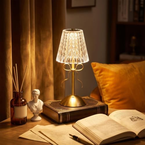 Liliful 2 Pcs Cordless Table Lamp LED Touch, Gold, Classic Style Bow - Image 5