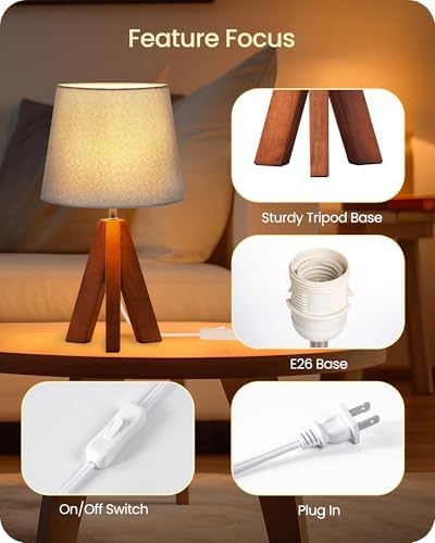 Tripod Table Lamp, 14.6" Small Bedside Lamp with Gray Linen Shade & Dark Wood Base, Modern Nightstand Lamp for Bedroom, Kids Room, Living Room, Nursery, Office, E26 Socket, LH51TL05 - Image 3
