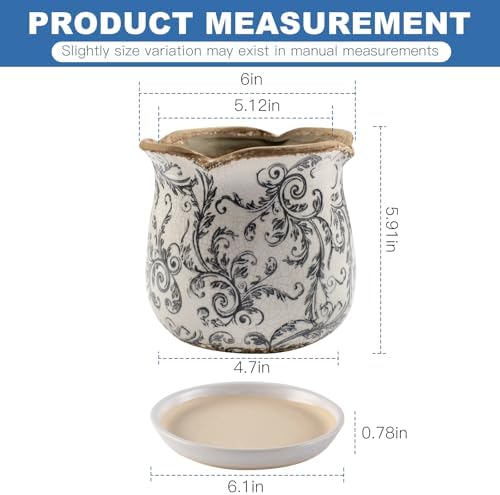 Ceramic-Planters-for-Indoor-Plants with Saucer, 6 inch Vintage Ice Crackle Glaze Plant Pots with Drainage Holes, Decorative Flower Pots for Outdoor Garden Home Decor, Tuscan Pot for Plant - Image 5