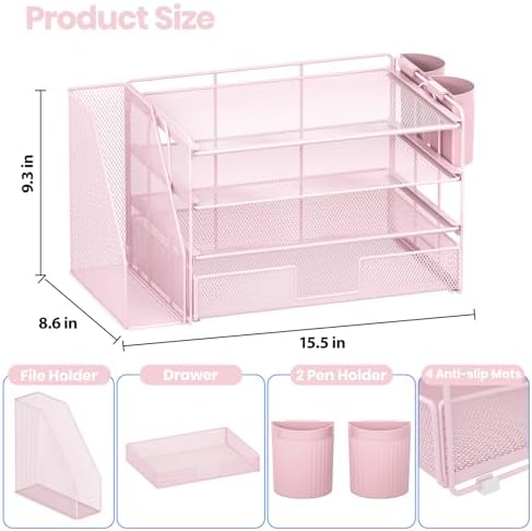 OPNICE Desk Organizer, 4-Tier Desktop File Organizer with Drawer and Pen Holders, Office Desk Accessories, File Sorters, Workspace Organizers for Office Supplies(Pink) - Image 6