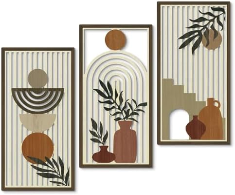 Putuo Decor Boho Wall Art Set of 3, Abstract Geometric Wooden Wall Decor, Mid-Century Modern Aesthetic Artwork with Arch, Vase & Botanical Design for Living Room, Bedroom, Office, 16.5 x 8.6 Inch by PUTUODECOR
