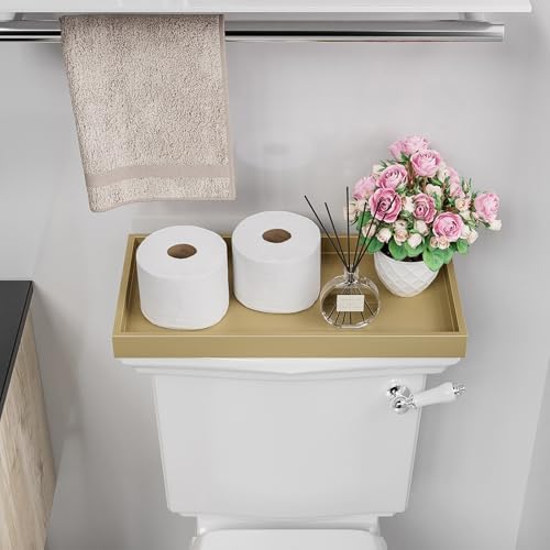 ZHWS Gold Bathroom Vanity Tray for Countertop Perfume Makeup Jewelry Candle Decor, Kitchen Tray for Soap Dispenser Spice Salt, Large Gold Tray for Toilet Tank Paper, Serving Nightstand 13”x6.5” - Image 4