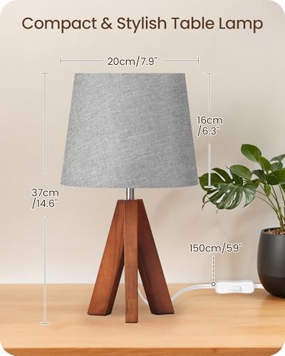 Tripod Table Lamp, 14.6" Small Bedside Lamp with Gray Linen Shade & Dark Wood Base, Modern Nightstand Lamp for Bedroom, Kids Room, Living Room, Nursery, Office, E26 Socket, LH51TL05 - Image 5