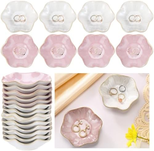 Teenyyou 8 Pcs Ceramic Jewelry Dish Bulk Small Trinket Tray, White,Pink by Teenyyou