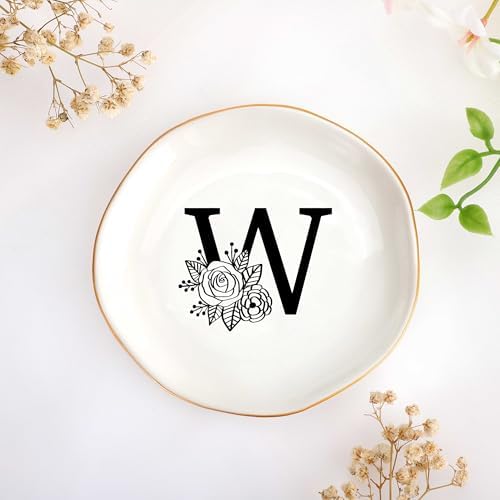 JoycuFF Initial W Ceramic Jewelry Tray, Bridesmaid Bride Gifts, Mothers Day Christmas Anniversary Engagement Birthday Gifts for Women Couples, Trinket Dish for Rings Earrings Necklaces Bracelets Keys by Joycuff