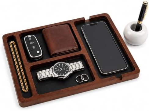Desk Organizer Tray for Men with Ceramic Pen Holder, Wooden Valet Tray, Minimalist EDC Desk Organizer for Phone, Wallet, & Keys, Nightstand Bedside, Entryway, (Natural) by YadShop