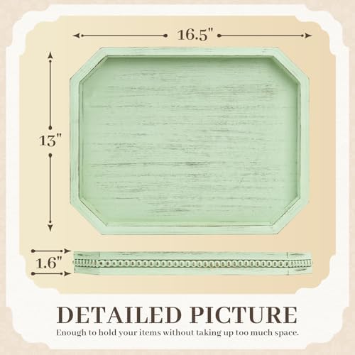 Wooden Decorative Tray, Rustic Sage Serving Tray with Wood Bead, Coffee Tabl, 16.5" x 13"x 1.6" (Sage Green) - Image 2
