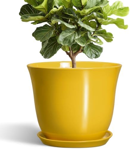 12 Inch Plant Pot - Ceramic Plant Pots with Drainage Hole and Saucer, Large Round Planter for Indoor Outdoor, Modern Flower Pot, Decorative Planters, Home Garden Decor, Garden Gifts, Yellow by SUNPOTFOR