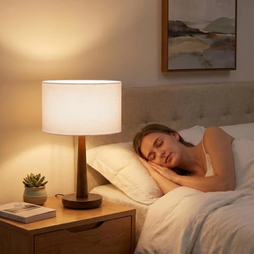 18.5" Modern Dimmable Walnut Wood Table Lamp with Linen Shade, White - Image 7