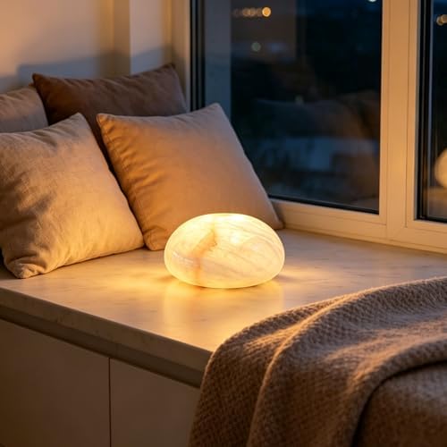 Natural Marble Lamp Cordless Touch Control Night Light 3-Way Dimmable Pat Light LED Ambient Glow Lamp Type-C Rechargeable Portable Stone Bedside Desk Lamp Zen Home Decor(4.72x4.72x2.36in) by Boeavance