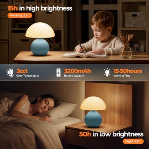 NIORSUN Mushroom Lamp Table Lamp for Bedroom, Portables Cordless Table Lamp,Wireless lamp,Small Bedside Table Touch Lamps for Living Room,Mini Mushroom 5200mAh Battery Operated Lamp Modern Blue - Image 5