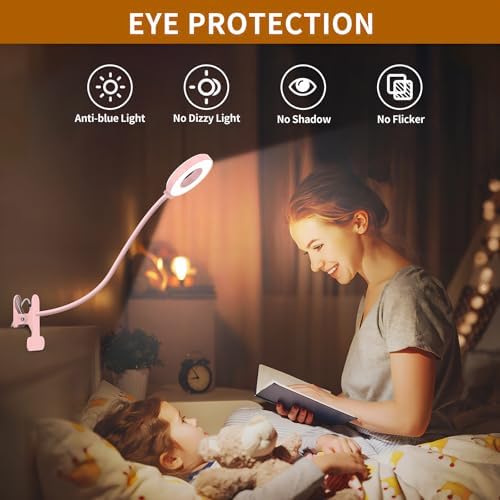 iZELL Desk Lamp, [3 Color Modes & 10 Brightness] LED Reading Light with Clamp, Silicone Flexible Arm Book Light for Kids Reading Book in Bed at Night Clip on Table, Headboard, Dorm - 15.8‘’ Pink - Image 4