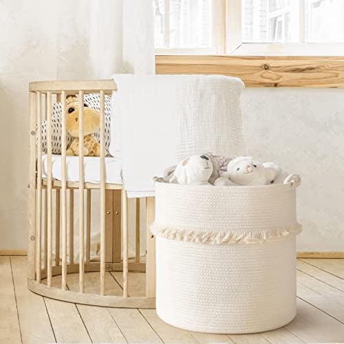 CherryNow 60L Woven Rope Baby Basket with Tassel, 17" x 16", Off-white - Image 5