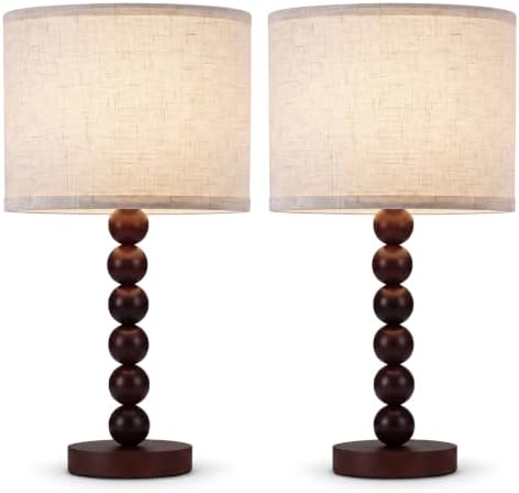 2 Pack 20.5" Rustic Table Lamps, Farmhouse Nightstand Lamp with Walnut Wood Grain Resin Base & Linen Shade, Small Bedside Lamp for Bedroom, Living Room Apartment Décor, Bulbs Not Included - Image 2