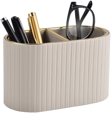 PU Leather Desk Organizer,Pen Holder,Small Remote Control Holder Pencil Cup Multifunctional Nightstand Organizer Caddy for Home School Office Desk Accessories,2 Compartments (Beige) by XNONE