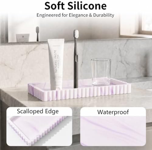 Bathroom Vanity Tray - 9.4''x3.9'' Silicone Bathroom Tray with Scalloped Edge, Counter Top Tray for Vanity Sink Countertop, Decorative Organizer for Cosmetics Jewelry, Rectangular, Marble White Purple - Image 3