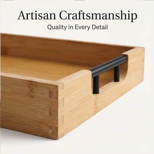 Krismax Wooden Serving Tray with Handles, Serving Platter 15.7x11.4 Inch Food Drinks Tray for Coffee Table,Decorative Storage Tray for Entertaining, Breakfast Tray in Bed,Lunch,Dinner,BBQ(Bamboo) - Image 5