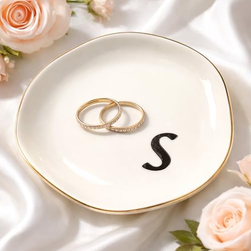 Initial Ring Dish - White Ceramic Jewelry Tray for Nightstand & Sink, Anti-Loss Trinket Organizer, Meaningful Engagement or Birthday Gift for Women, Sister, Friends (Letter S) by Unknown