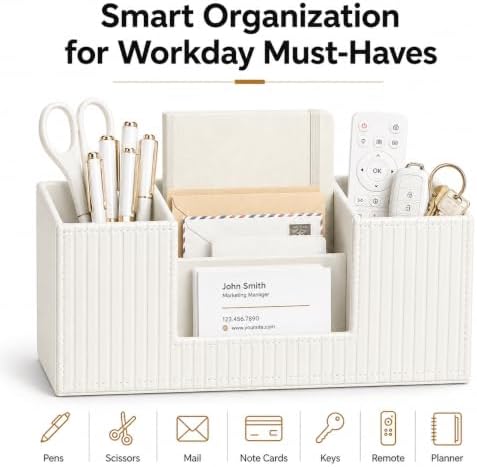 GORESE Pen Organizer for Desk, PU Leather Office Pen Holder, Ivory White - Image 7