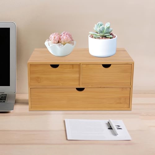 Small Desk Drawer Organizer, Bamboo Mini Desktop Drawer, Wood Tabletop Storage Organizer Box for Office Home Dormitory Toiletries Cosmetics Supplies, No Assembly Required (3 Drawers) - Image 2