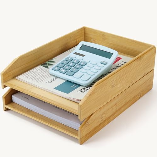MultiBey A4 Bamboo Stackable Paper Tray 2-Pack - 2-Tier Desk Organizer by MultiBey