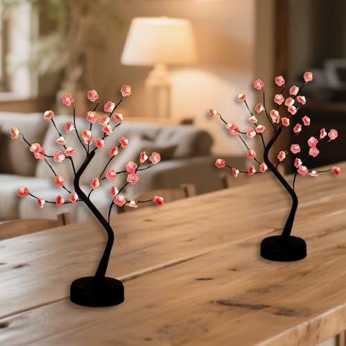 2 Pack Cherry Blossom Tree Lamp, 18inch 36 Led Bonsai Tree Lights, Battery/USB Operated Japanese Decor Night Lights for Teacher Appreciation Graduation Back to School Bedroom Home Gift, Warm White - Image 3