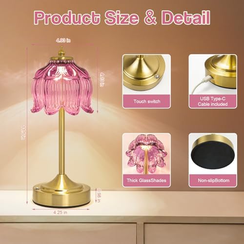 Cordless Table Lamp, Rechargeable Purple Glass Lotus Flower Lamp - Image 7