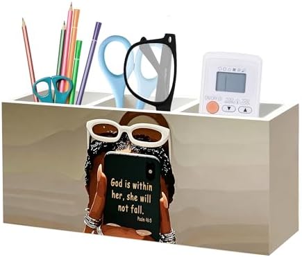 Inspirational Christian Black Girl Woman Makeup Brush Toothbrush Holder, African American Gifts, God is Within Her Bible Verse Wood Signs Pen Pencil Holder Organizer Desk Accessories by Unknown