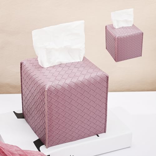 HOMOTEK 2 Pack Tissue Box Cover, Square PU Leather Tissue Holder, Decorative Facial Tissue Cube Paper Organizer Dispenser for Bathroom, Night Stands, Desk, Car 5X5X5'' - Woven Waffle,Plum Red by HOMOTEK