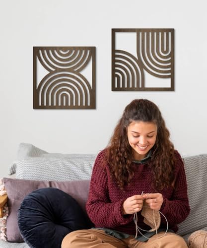 Putuo Decor Geometric Abstract Wall Art Set of 2, Modern Square Wooden Modern Arched Wall Decor for Living Room Bedroom Entryway, Minimalist Brown Wall Sculpture - Image 5