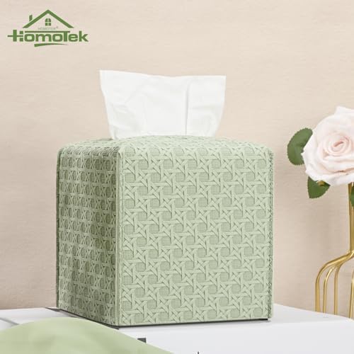 HOMOTEK 2 Pack Tissue Box Cover, Square PU Leather Tissue Holder, Decorative Facial Tissue Cube Paper Organizer Dispenser for Bathroom, Night Stands, Desk, Car 5X5X5'' - Rattan Weave,Mint Green - Image 5